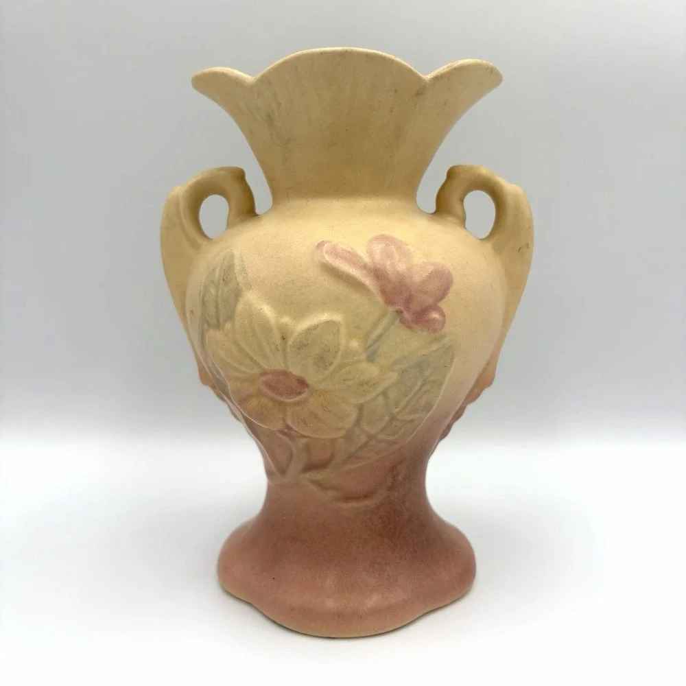 Hull Art Pottery Matte Magnolia Vase 4-6 1/4 YellowPink Floral Double Handle USA